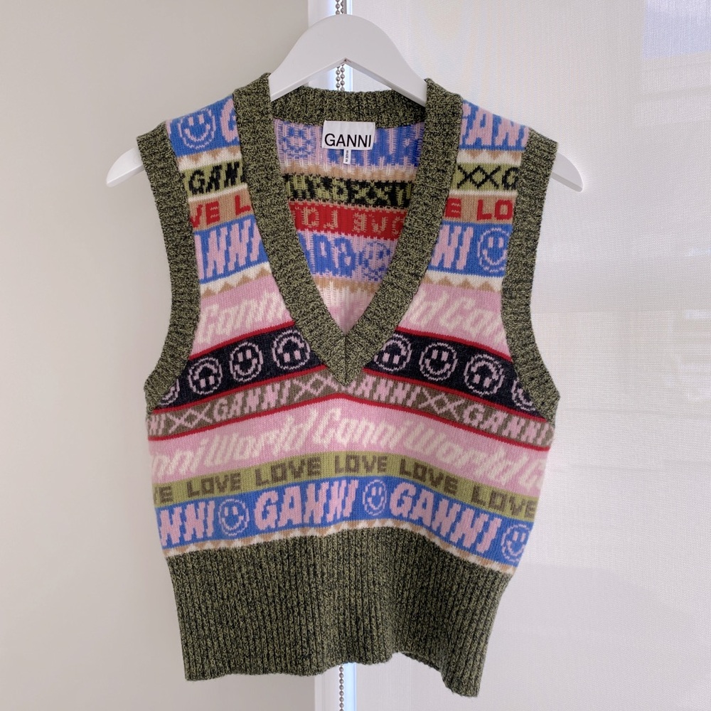 GANNI Vest Green Wool Blend Graphic Logo Size Small
